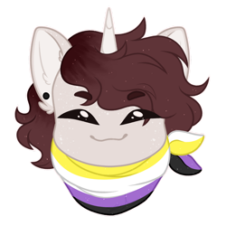 Size: 1024x1024 | Tagged: safe, artist:purplegrim40, oc, oc only, pony, unicorn, clothes, commission, ear fluff, ear piercing, female, horn, mare, nonbinary pride flag, piercing, pride, pride flag, scarf, simple background, smiling, solo, transparent background, unicorn oc, ych result