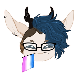 Size: 1024x1024 | Tagged: safe, artist:purplegrim40, oc, oc only, pony, antlers, bicurious pride flag, commission, ear fluff, ear piercing, earring, female, glasses, jewelry, mare, mouth hold, piercing, pride flag, simple background, solo, transparent background, ych result