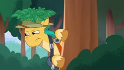 Size: 3410x1920 | Tagged: safe, screencap, hitch trailblazer, earth pony, pony, g5, lost in translation (episode), my little pony: tell your tale, spoiler:g5, spoiler:my little pony: tell your tale, bag, hat, high res, leaves, male, medical saddlebag, safari hat, solo, stallion, thermometer, youtube link