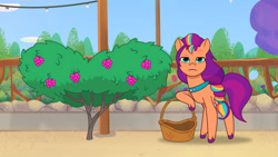 Size: 3410x1920 | Tagged: safe, screencap, sunny starscout, earth pony, pony, g5, lost in translation (episode), my little pony: tell your tale, spoiler:g5, spoiler:my little pony: tell your tale, spoiler:tyts01e19, basket, berry, bush, female, food, high res, mane stripe sunny, mare, raised eyebrow, solo, sunny starscout is not amused, unamused, youtube link