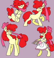 Size: 1378x1490 | Tagged: safe, artist:missshovell, apple bloom, earth pony, pony, g4, apron, bipedal, clothes, cookie, female, filly, foal, food, heart, heart eyes, lying down, on back, simple background, solo, tray, wingding eyes