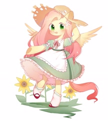 Size: 2689x3115 | Tagged: safe, artist:dreamsugar, fluttershy, pegasus, semi-anthro, g4, arm hooves, clothes, cottagecore, dress, female, flower, grass, hat, high res, looking at you, mare, open mouth, shoes, simple background, socks, solo, spread wings, sunflower, underhoof, white background, wings