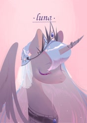Size: 1748x2480 | Tagged: safe, artist:dreamsugar, princess luna, alicorn, pony, g4, bust, curved horn, eyes closed, female, goddess, horn, jewelry, mare, pink background, portrait, profile, regalia, simple background, solo, wings