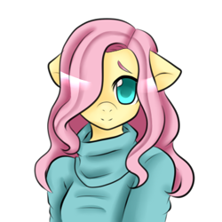 Size: 400x400 | Tagged: safe, artist:jozalynn-chasity, fluttershy, anthro, g4, clothes, cute, female, hair over one eye, looking at you, mare, shyabetes, simple background, smiling, smiling at you, solo, turtleneck, white background