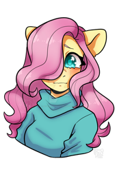 Size: 1024x1474 | Tagged: safe, artist:jozalynn-chasity, fluttershy, anthro, g4, bust, clothes, cute, deviantart watermark, female, hair over one eye, looking at you, mare, obtrusive watermark, redraw, shyabetes, simple background, solo, transparent background, turtleneck, watermark, wavy mouth