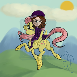 Size: 1280x1280 | Tagged: safe, artist:doloreshazelnutter, fluttershy, human, pegasus, pony, g4, amulet, butt, crossover, duo, duo female, female, flutterbutt, humans riding ponies, jewelry, mare, necklace, obtrusive watermark, plot, princess sofia, riding, sofia the first, watermark