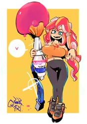 Size: 1400x2000 | Tagged: safe, artist:sozglitch, sunset shimmer, human, inkling, equestria girls, g4, belly button, belly piercing, big breasts, breasts, busty sunset shimmer, clothes, ear piercing, earring, female, jewelry, looking at you, necklace, open mouth, piercing, shoes, simple background, solo, splatoon, white background