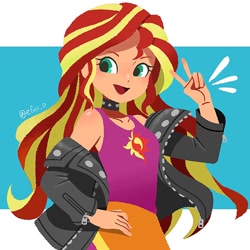 Size: 766x766 | Tagged: safe, artist:efuji_d, sunset shimmer, human, g4, bare shoulders, clothes, female, hand on hip, humanized, looking at you, open mouth, open smile, peace sign, simple background, smiling, smiling at you, solo, tank top, white background