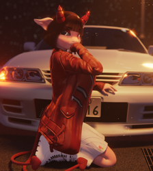 Size: 1900x2120 | Tagged: safe, artist:hevexy, oc, oc only, oc:akiko, demon, succubus, anthro, plantigrade anthro, 3d, anthro oc, blender, boots, car, clothes, double tail, elf ears, female, high res, holding, horns, jacket, kneeling, looking at you, multiple tails, night, nissan, nissan skyline, outdoors, platform boots, road, shoes, shy, signature, skirt, smiling, smiling at you, smirk, solo, street, tail