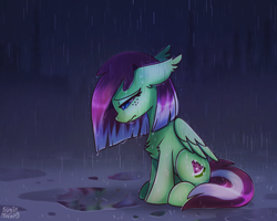 Size: 2560x2048 | Tagged: safe, artist:sugar morning, oc, oc only, oc:watermelon success, pegasus, pony, commission, crying, depressed, female, high res, mare, puddle, rain, sad, sitting, solo