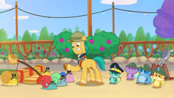 Size: 3410x1920 | Tagged: safe, screencap, hitch trailblazer, earth pony, pegasnail, pony, raccoon, raccoonicorn, snail, g5, lost in translation (episode), my little pony: tell your tale, spoiler:g5, spoiler:my little pony: tell your tale, spoiler:tyts01e19, berry, bush, catapult, food, grin, hat, high res, male, open mouth, safari hat, smiling, stallion, thermometer, tree, youtube link