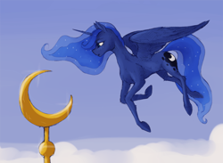 Size: 1500x1098 | Tagged: safe, artist:madhotaru, princess luna, alicorn, pony, cloud, ethereal mane, ethereal tail, female, flying, mare, missing accessory, mosque, pun, sky, slim, solo, spread wings, starry mane, starry tail, tail, thin legs, visual pun, wings