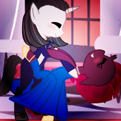 Size: 894x894 | Tagged: safe, artist:decokenite, artist:fallen--fate, chancellor neighsay, fizzlepop berrytwist, tempest shadow, pony, unicorn, g4, blushing, bracelet, broken horn, canterlot, canterlot castle, clothes, dancing, dress, duo, eyeshadow, female, gala, gala dress, holding a pony, horn, jewelry, makeup, male, mare, necklace, shipping, smiling, stallion, straight, suit, tempest neighsay, tuxedo