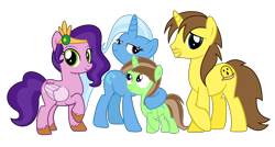Size: 2016x1080 | Tagged: safe, artist:grapefruit-face, pipp petals, trixie, oc, oc:grapefruit face, oc:limey lulamoon, pegasus, pony, unicorn, g4, g5, base used, canon x oc, female, grapexie, looking at you, male, offspring, parent:oc:grapefruit face, parent:trixie, parents:canon x oc, parents:grapexie, ship:grapepipixie, shipping, show accurate, simple background, straight, transparent background