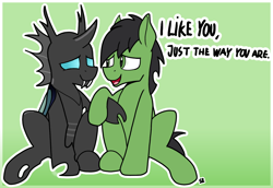 Size: 1186x814 | Tagged: safe, artist:sefastpone, thorax, oc, oc:anon stallion, changeling, earth pony, pony, g4, abstract background, canon x oc, digital art, gay, holding hooves, looking at each other, looking at someone, male, positive ponies, simple background, sitting, speech bubble, stallion