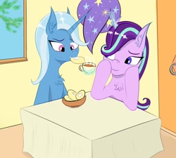Size: 1855x1666 | Tagged: safe, artist:drakang, starlight glimmer, trixie, pony, unicorn, g4, chest fluff, clothes, cup, duo, duo female, eating, eyebrows, fanfic art, female, food, glowing, glowing horn, hat, hooves on cheeks, horn, levitation, magic, magic aura, mare, smiling, table, teacup, telekinesis, trixie's hat