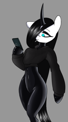 Size: 2353x4243 | Tagged: safe, artist:tenenbris, oc, oc:culpa, unicorn, semi-anthro, belly, belly button, bipedal, candy, cellphone, clothes, eyeshadow, female, food, hoodie, latex, latex suit, lollipop, makeup, mare, phone, smartphone