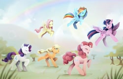 Size: 2048x1320 | Tagged: safe, artist:applesartt, applejack, fluttershy, pinkie pie, rainbow dash, rarity, twilight sparkle, alicorn, earth pony, pegasus, pony, unicorn, g4, applejack's hat, cloud, cowboy hat, eyes closed, female, flying, freckles, grass, group, hat, hill, horn, looking at someone, mane six, mare, open mouth, open smile, outdoors, profile, rainbow, raised hoof, raised leg, running, sextet, sky, smiling, spread wings, tree, twilight sparkle (alicorn), walking, wings