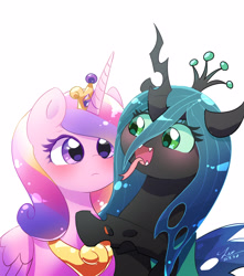 Size: 3000x3400 | Tagged: safe, artist:leo19969525, princess cadance, queen chrysalis, alicorn, changeling, changeling queen, pony, g4, blushing, crown, cute, cutealis, cutedance, duo, duo female, female, green eyes, high res, horn, infidelity, jewelry, lesbian, mane, mare, open mouth, purple eyes, regalia, ship:cadalis, shipping, simple background, tail, white background, wings