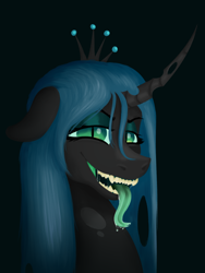 Size: 1500x2000 | Tagged: source needed, safe, artist:oldman, queen chrysalis, changeling, changeling queen, g4, bust, crown, female, forked tongue, green tongue, jewelry, mare, portrait, regalia, sharp teeth, simple background, solo, teeth, tongue out