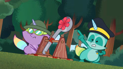 Size: 3410x1920 | Tagged: safe, screencap, raccoon, raccoonicorn, g5, lost in translation (episode), my little pony: tell your tale, spoiler:g5, spoiler:my little pony: tell your tale, spoiler:tyts01e19, catapult, duo, flower, frown, gritted teeth, hat, high res, pointing, sunglasses, teeth, youtube link