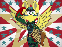Size: 1024x768 | Tagged: safe, artist:patodashoficial, oc, oc only, oc:shooting thrillstar, pegasus, pony, clothes, cosplay, costume, helmet, patodashoficial, pegasus oc, shield, simple background, soldier, soldier boy, spread wings, the boys, wings
