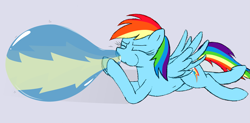 Size: 2603x1282 | Tagged: safe, artist:mizhisha, rainbow dash, pegasus, pony, g4, balloon, balloon fetish, blowing, blowing up balloons, eyebrows, eyes closed, female, fetish, flying, gray background, loonerdash, mare, puffy cheeks, rainblow dash, shadow, simple background, solo, spread wings, that pony sure does love balloons, wings