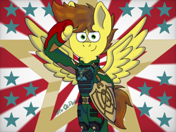 Size: 1024x768 | Tagged: safe, artist:patodashoficial, oc, oc only, oc:shooting thrillstar, pegasus, pony, clothes, cosplay, costume, military, pegasus oc, shield, simple background, soldier, soldier boy, spread wings, the boys, wings