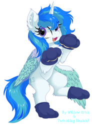 Size: 1060x1440 | Tagged: safe, artist:twinkling, artist:willow krick, oc, oc only, alicorn, pony, alicorn oc, chest fluff, cute, cute little fangs, fangs, horn, paw gloves, simple background, solo, white background, wings