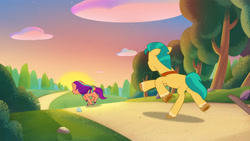 Size: 3410x1920 | Tagged: safe, screencap, hitch trailblazer, sunny starscout, earth pony, pony, g5, lost in translation (episode), my little pony: tell your tale, spoiler:g5, spoiler:my little pony: tell your tale, spoiler:tyts01e19, duo, female, high res, male, mane stripe sunny, mare, running, stallion, sunset, youtube link