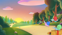 Size: 3410x1920 | Tagged: safe, screencap, hitch trailblazer, sunny starscout, earth pony, pegasnail, pony, raccoon, raccoonicorn, snail, g5, lost in translation (episode), my little pony: tell your tale, spoiler:g5, spoiler:my little pony: tell your tale, spoiler:tyts01e19, chase, female, hat, high res, male, mare, running, stallion, sunset, youtube link