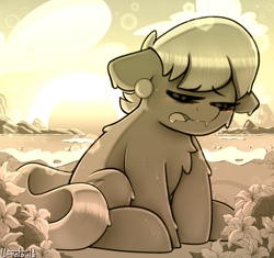 Size: 1130x1062 | Tagged: safe, artist:llametsul, ms. harshwhinny, earth pony, pony, g4, atg 2022, chest fluff, cute, drool, exhausted, eyes closed, floppy ears, monochrome, ms. cutewhinny, newbie artist training grounds, solo, sun, sweat, tired