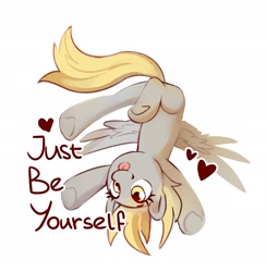 Size: 1884x1932 | Tagged: safe, artist:anotherdeadrat, derpy hooves, pegasus, pony, g4, cute, derp, derpabetes, female, heart, mare, positive ponies, simple background, smiling, solo, spread wings, text, tongue out, underhoof, upside down, white background, wholesome, wings