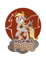 Size: 1700x2200 | Tagged: safe, artist:anotherdeadrat, derpy hooves, pegasus, pony, g4, :t, circle background, cloud, derp, female, fire, mare, raised hoof, raised leg, simple background, solo, spread wings, text, white background, wings