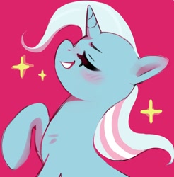 Size: 1200x1218 | Tagged: safe, artist:anotherdeadrat, trixie, pony, unicorn, g4, eyes closed, horn, pride, pride flag, profile, raised hoof, simple background, smiling, solo, sparkles, trans trixie, transgender, transgender pride flag
