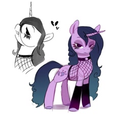 Size: 1263x1200 | Tagged: safe, artist:anotherdeadrat, izzy moonbow, pony, unicorn, g5, clothes, female, fishnet stockings, goth, goth izzy, heart, heartbreak, horn, lidded eyes, looking at you, mare, profile, simple background, solo, white background