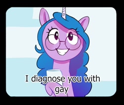 Size: 1192x1004 | Tagged: safe, artist:anotherdeadrat, izzy moonbow, pony, unicorn, g5, black background, bust, female, glasses, grin, hoof hold, horn, looking at you, mare, round glasses, simple background, smiling, smiling at you, solo, subtitles, talking to viewer