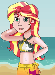 Size: 749x1024 | Tagged: safe, artist:ocean lover, sunset shimmer, human, equestria girls, g4, arm behind head, bare shoulders, beach, belly button, bikini, bikini babe, bikini top, black swimsuit, clothes, cute, cutie mark on clothes, cutie mark swimsuit, diamond, disney style, female, human coloration, humanized, jeweled swimsuit, lips, looking at you, midriff, ocean, outdoors, outfit, pose, red hair, sand, sarong, shiny, shiny skin, sky, sleeveless, smiling, smiling at you, solo, sultry pose, summer sunset, sunset shimmer swimsuit, sunset shimmer's beach shorts swimsuit, swimsuit, teal eyes, towel, towel around waist, water, wave