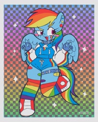 Size: 1249x1547 | Tagged: safe, artist:cosmiccrayons, part of a set, rainbow dash, pegasus, anthro, g4, bandage, bandaid, blushing, checkered background, clothes, collar, converse, double peace sign, ear piercing, earring, female, fingerless gloves, garter, gloves, hoodie, hoof shoes, jewelry, mare, peace sign, piercing, rainbow background, rainbow socks, shoes, shorts, smiling, sneakers, socks, solo, sparkles, spread wings, striped socks, wings