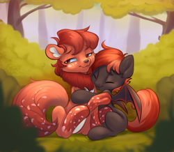 Size: 2000x1740 | Tagged: safe, artist:kittytitikitty, oc, oc only, oc:akura, oc:kada, bat pony, pony, wolf, wolf pony, bat wings, blossomwolf, branches, chest fluff, cuntboy, cuntboy oc, cute, duo, ear fluff, fluffy tail, forest, freckles, hooves, hug, intersex, looking away, male, male oc, parent:oc:akura, paws, petals, tail, tree, tree branch, two toned mane, two toned tail, uncomfortable, white belly, wings