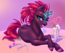 Size: 2048x1655 | Tagged: safe, artist:candasaurus, fizzlepop berrytwist, tempest shadow, pony, unicorn, g4, broken horn, candy, crazy straw, dock, drinking straw, eye scar, food, glowing, glowing horn, horn, licking, lollipop, looking at you, lying down, magic, milkshake, ponytail, prone, scar, silly straw, solo, sparking horn, tail, telekinesis, tongue out