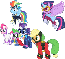 Size: 944x855 | Tagged: safe, artist:pascalmulokozi2, edit, edited screencap, screencap, applejack, fili-second, mistress marevelous, pinkie pie, radiance, rainbow dash, rarity, spike, twilight sparkle, zapp, alicorn, dragon, earth pony, pegasus, pony, unicorn, g4, background removed, humdrum costume, masked matter-horn costume, power ponies, simple background, surprised, transparent background, twilight sparkle (alicorn), worried
