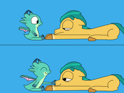 Size: 2000x1500 | Tagged: safe, artist:blazewing, hitch trailblazer, sparky sparkeroni, dragon, earth pony, pony, g5, 2 panel comic, atg 2022, baby, baby dragon, blue background, boop, colored background, comic, cute, exhausted, eyes closed, father and child, father and son, lying down, male, newbie artist training grounds, papa hitch, simple background, smiling, stallion, tired