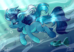 Size: 1920x1358 | Tagged: safe, artist:julunis14, oc, oc only, oc:deepsea dive, fish, pony, unicorn, blue eyes, blue mane, bubble, chest fluff, crepuscular rays, digital art, flowing mane, flowing tail, horn, ocean, seaweed, signature, smiling, solo, sunlight, swimming, tail, underwater, water