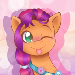 Size: 2048x2048 | Tagged: safe, artist:balychen, part of a set, sunny starscout, earth pony, pony, g5, my little pony: a new generation, ;p, badge, bust, cute, female, high res, looking at you, mare, one eye closed, simple background, smiling, smiling at you, solo, sunny stawwwscout, sunnybetes, tongue out, wink, winking at you