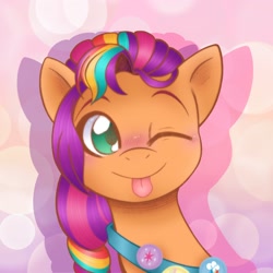 Size: 2048x2048 | Tagged: safe, alternate version, artist:balychen, part of a set, sunny starscout, earth pony, pony, g5, my little pony: tell your tale, ;p, badge, bust, cute, female, high res, looking at you, mane stripe sunny, mare, multicolored hair, one eye closed, rainbow hair, simple background, smiling, smiling at you, solo, sunny stawwwscout, sunnybetes, tongue out, wink, winking at you
