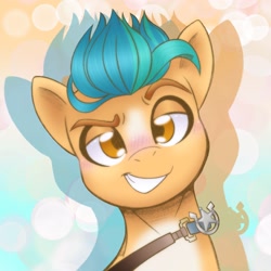 Size: 2048x2048 | Tagged: safe, artist:balychen, part of a set, hitch trailblazer, earth pony, pony, g5, blushing, bust, cute, high res, hitchbetes, looking at you, male, sheriff, sheriff's badge, simple background, smiling, smiling at you, solo, stallion