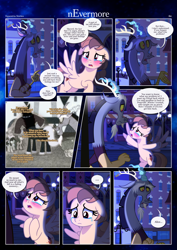 Size: 3259x4607 | Tagged: safe, artist:estories, discord, lord tirek, oc, oc:alice goldenfeather, centaur, draconequus, pegasus, pony, taur, comic:nevermore, g4, blushing, comic, crying, female, high res, male, mare, pegasus oc, speech bubble, wings