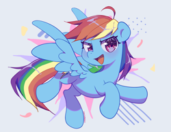 Size: 2101x1631 | Tagged: safe, artist:cherrnichka, rainbow dash, pegasus, pony, g4, backwards cutie mark, cute, dashabetes, female, flying, full body, hooves, mare, open mouth, open smile, shading, signature, smiling, solo, spread wings, wings
