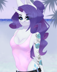 Size: 2484x3103 | Tagged: safe, artist:elektra-gertly, rarity, unicorn, anthro, g4, alternate hairstyle, breasts, clothes, eye clipping through hair, eyebrows, eyebrows visible through hair, female, high res, looking at you, one-piece swimsuit, reasonably sized breasts, solo, swimsuit, tattoo